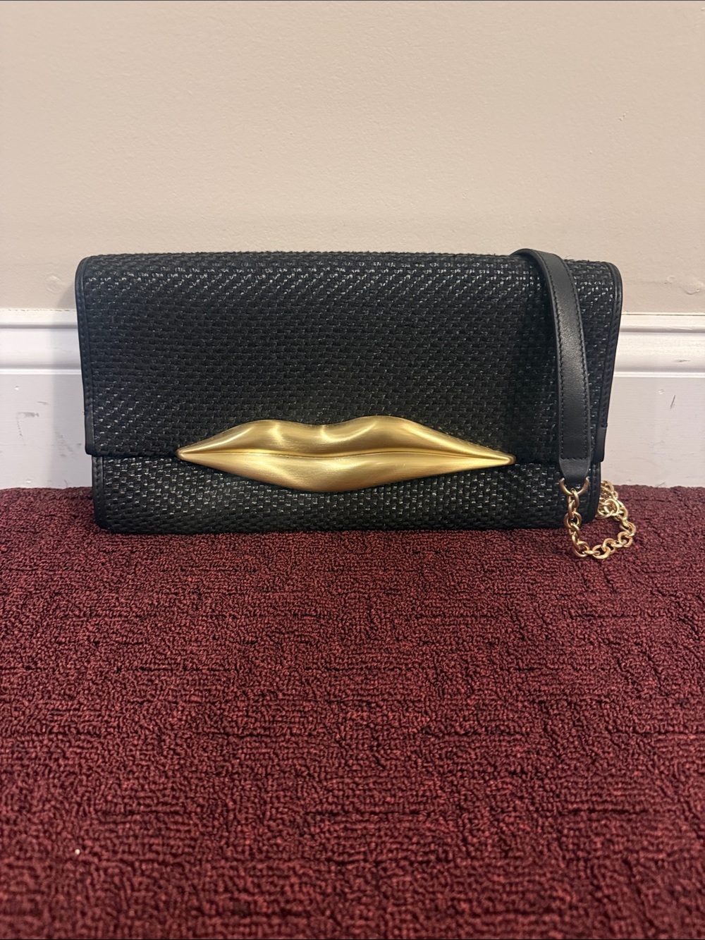 Diane Von Furstenberg Black Woven Shoulder Clutch with Gold Lip Accent